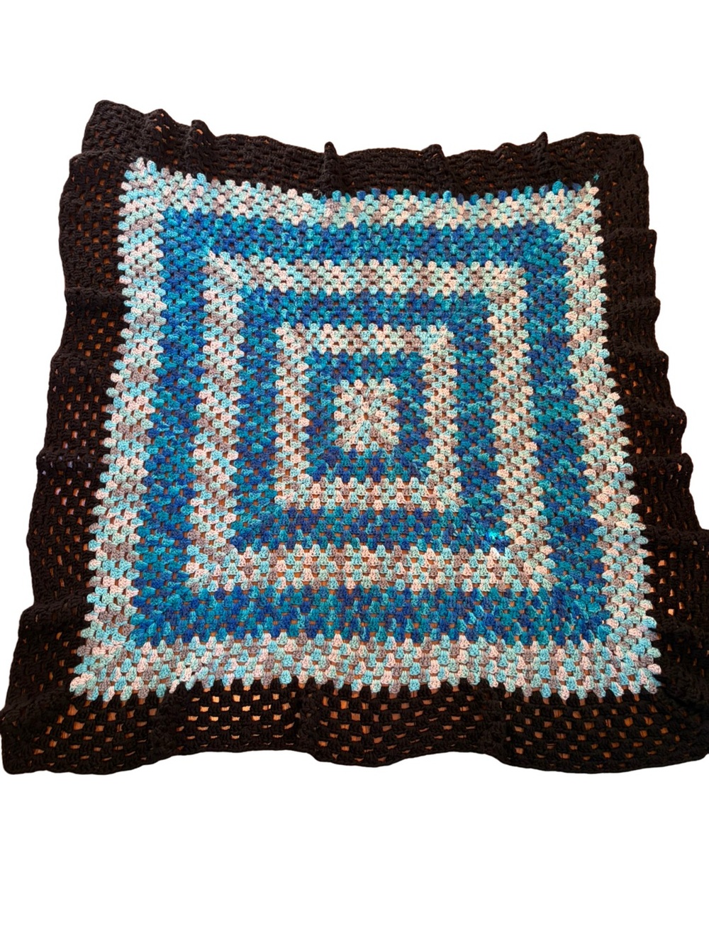 Vintage Handmade Crochet Granny Square Afghan Blanket 60x60 Blue Black